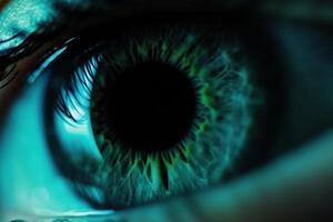 Intricate details of a mesmerizing human eye with a striking turquoise and green iris. photo