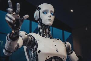 Meet the future, a sleek robot extends its hand in a gesture of connection. photo