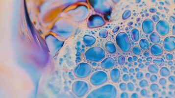 Iridescent bubbles create an abstract pattern with blue and purple translucent hues. photo