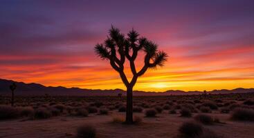 A lone Joshua Tree stands silhouetted against a blazing sunset in the desert. photo