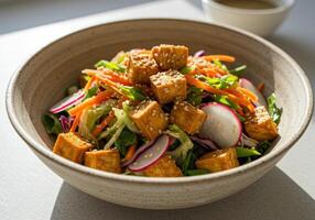 A vibrant tofu salad with garden-fresh radishes and crisp carrots, served in a bowl. photo