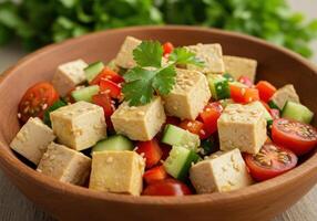 A colorful tofu salad with sesame seeds and fresh herbs fills a wooden bowl. photo