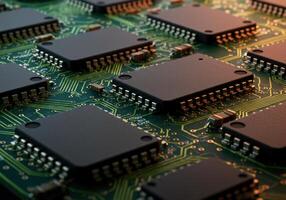 Detailed view of microchips on a circuit board, showcasing modern tech advancement. photo