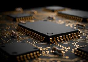 Explore the intricate design of microchips and pathways on a computer circuit board. photo