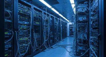 A data center with rows of servers, the heart of modern information technology. photo