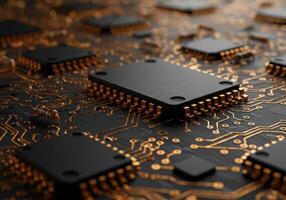 A detailed shot of the intricate circuitry and components of a computer motherboard. photo