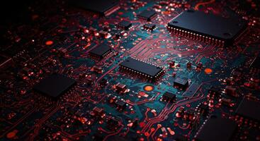 Explore the intricate world of a computer circuit board with its complex connections. photo