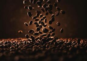 Roasted coffee beans elegantly fall, creating a visually appealing, aromatic display. photo