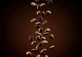 Coffee beans delicately falling against a luxurious, deep brown background, evoking a rich scent. photo