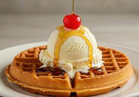 Golden waffle topped with vanilla ice cream, syrup, and a bright red cherry. photo