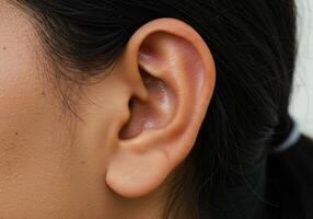 A detailed close-up of a human ear, highlighting its complex anatomical features. photo