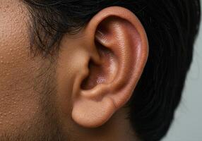 Detailed close-up of a human ear, highlighting its unique structure and form. photo