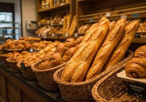 An appealing display of baguettes and croissants awaits customers at the bakery. photo