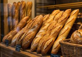 Rows of golden baguettes create a warm, inviting display in a bakery window. photo
