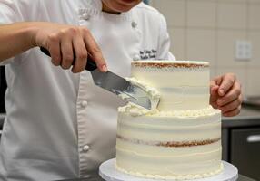 Expert pastry chef skillfully frosting a two-tiered cake with smooth, white icing. photo