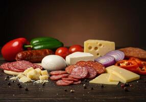 A vibrant selection of cured meats, cheeses, and garden vegetables on display. photo
