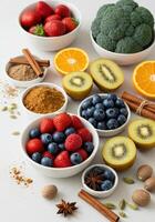 An eye-level shot showcases bowls filled with an array of fruits and spices. photo
