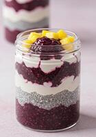 Enjoy a delicious and nutritious layered chia seed pudding with fresh mango. photo