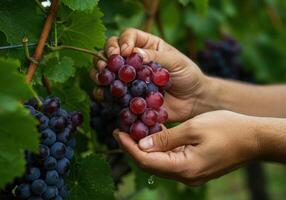 Hands carefully cradle a ripe bunch of red grapes, dripping with freshness in vineyard. photo