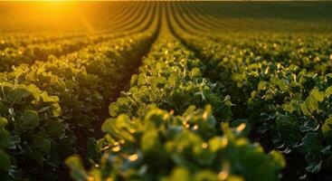 Golden sunlight bathes a field of crops in a mesmerizing agricultural landscape. photo