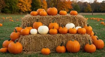Celebrate autumn with a beautiful pumpkin display on hay bales, creating a warm and inviting scene. photo