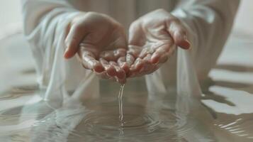 Jesus Christ, hands in water, in a white robe, christian concept, art photo
