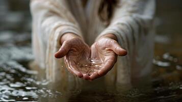 Jesus Christ, hands in water, in a white robe, christian concept, nature photo