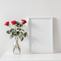 Boho poster mockup and flowers, boho background, beautiful poster mockup, vase with flowers, red rose photo
