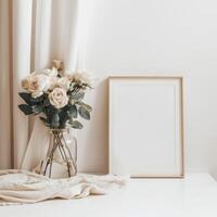 Boho poster mockup and flowers, boho background, beautiful poster mockup, vase with flowers, white rose photo