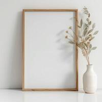 Boho poster mockup and flowers, boho background, beautiful poster mockup, vase with flowers, leaf photo