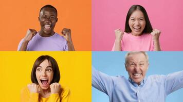 This vibrant collage showcases a collection of cheerful individuals expressing happiness and victory through joyful gestures. The setting features colorful backgrounds highlighting diverse faces. video