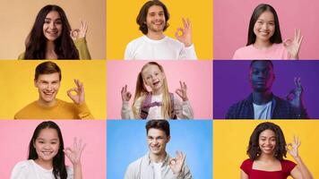 A vibrant collage showcases individuals of various backgrounds expressing the okay gesture. This diverse group captures positivity and connection against bright, colorful backgrounds. video