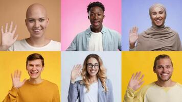 A diverse collection of individuals displays joyful hand waves, showcasing happiness and connection. The group represents various styles, each contributing to a vibrant atmosphere. video
