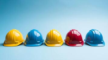 Five different colorful hard hat helmets are arranged together on a blue background representing Labor Day photo
