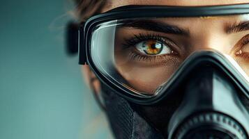 Close-up of a person wearing protective gear with a focus on their expressive eyes, showcasing resilience in a challenging environment. photo