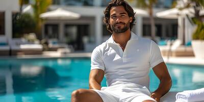 Man relaxing by a luxury pool. Generative photo