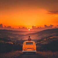 Sunset view from a yellow van. Generative photo