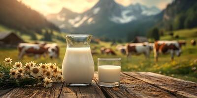 Fresh milk displayed in countryside. Generative photo