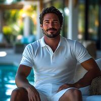 Man relaxing by the pool in summer. photo