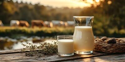 Fresh milk by tranquil countryside. AI photo