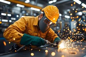 Craftsmanship in action as a worker engages in metal fabrication while wearing safety gear in a well-lit workshop during daytime hours. photo