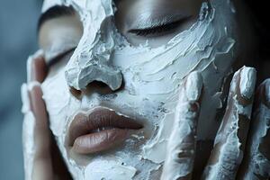 Woman applying facial mask at home. Generative photo