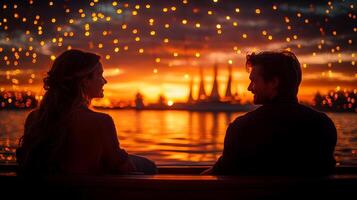 Couple enjoys sunset by water. Generative photo