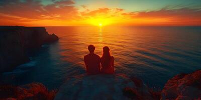 Couple watching sunset over ocean. Generative photo