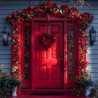 Decorative red door adorned with vibrant flowers and heart-shaped accents, capturing a festive atmosphere in a charming neighborhood setting. photo