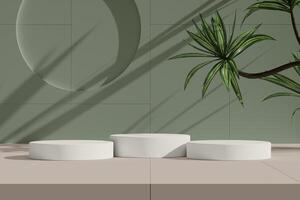 Elegant podiums in a minimalist setting with soft green wall and shadows. photo