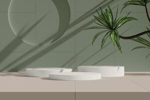 White podiums on a beige surface, with greenery and geometric patterns. photo