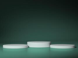 A modern and minimalistic presentation with multiple white podiums set against a dark green backdrop, creating an artistic atmosphere. photo
