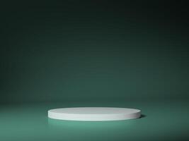 A simple white podium in a dark green setting, ideal for showcasing items with minimalistic elegance and dramatic lighting. photo