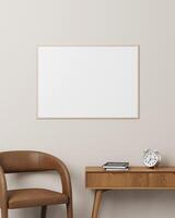 Wooden horizontal frame on a neutral wall with a clean desk, brown chair, and a clock, perfect for cozy workspaces. photo